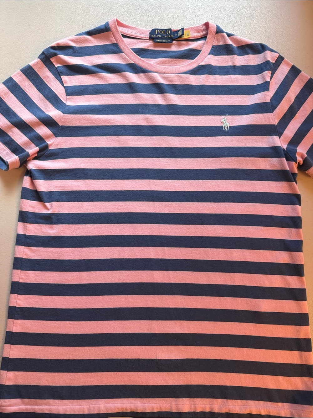 Women’s Polo by Ralph Lauren Pink and Navy Horizontal Stripe Tee with logo